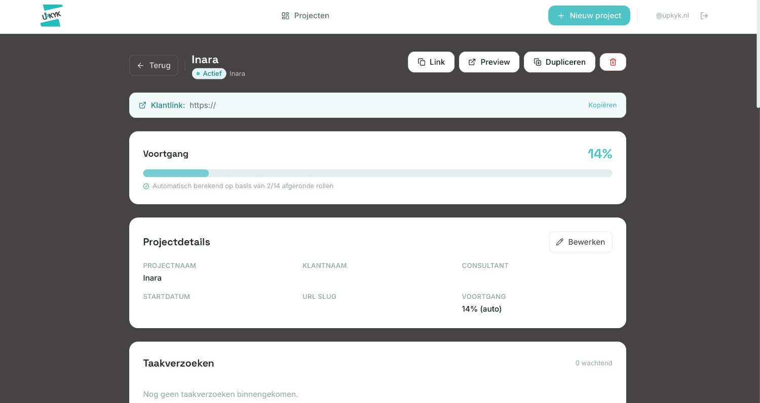 Upkyk Dashboard — Projectbeheer